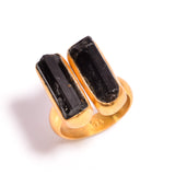 Raw Black Tourmaline Adjustable Gold Plated Sterling Silver Ring - U.S 8